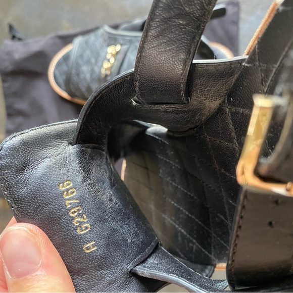 Chanel Black Quilted Leather Chain CC Detail Peep Toe Slingback Flats Size 37.5 - Picture 5 of 9